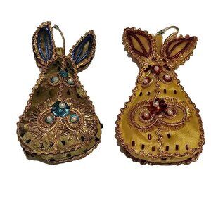 Vintage Christmas Ornaments Japan Fabric Plush Bejeweled Mid Century Pear Shaped